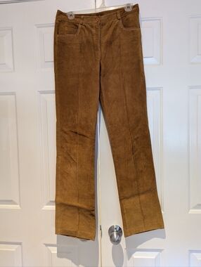 Vintage Women's Suede Leather Straight Leg Mid Rise Pants Caramel Brown S/XS